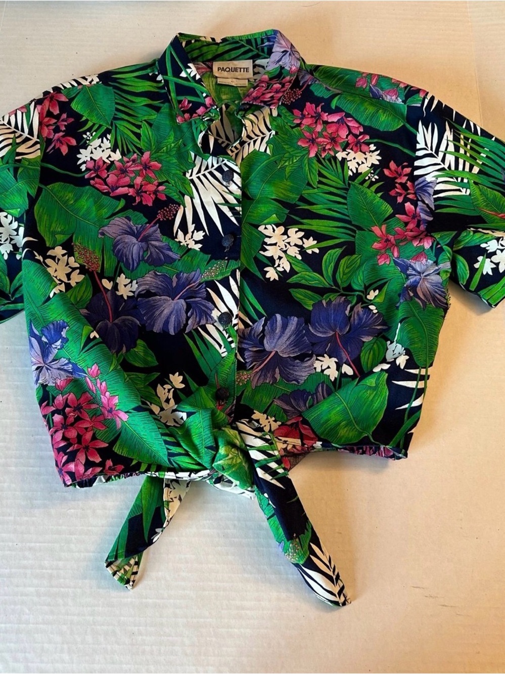 Vintage Paquette Tropical Tie-Front Crop Shirt GreenNavyPink Floral size M